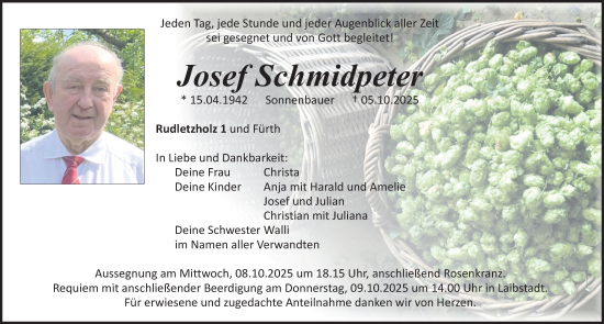 Traueranzeige von Josef Schmidpeter von Roth-Hilpoltsteiner Volkszeitung Lokal