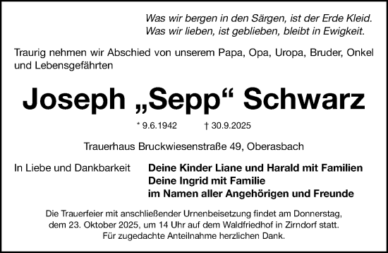 Traueranzeige von Joseph Schwarz von Fürther Nachrichten Lokal