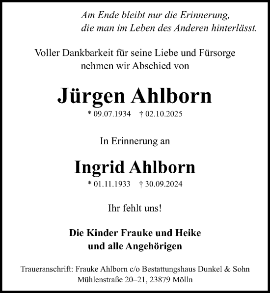 Traueranzeige von Jürgen Ahlborn von Fürther Nachrichten Lokal