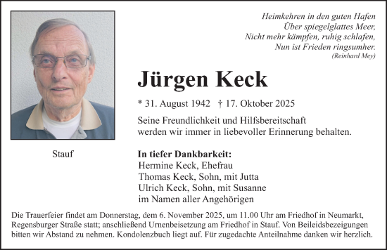 Traueranzeige von Jürgen Keck von Neumarkter Nachrichten Lokal