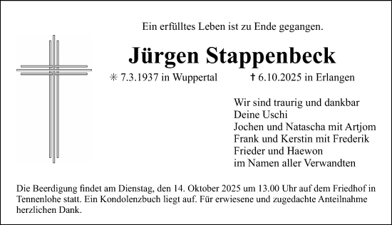 Traueranzeige von Jürgen Stappenbeck von Erlanger Nachrichten Lokal