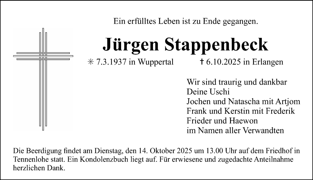  Traueranzeige für Jürgen Stappenbeck vom 11.10.2025 aus Erlanger Nachrichten Lokal
