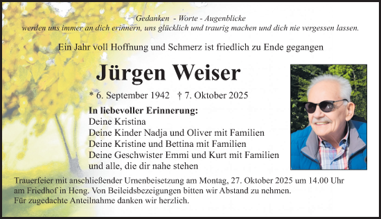 Traueranzeige von Jürgen Weiser von Neumarkter Nachrichten Lokal
