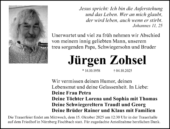 Traueranzeige von Jürgen Zohsel von Gesamtausgabe Nürnberger Nachrichten/ Nürnberger Ztg.