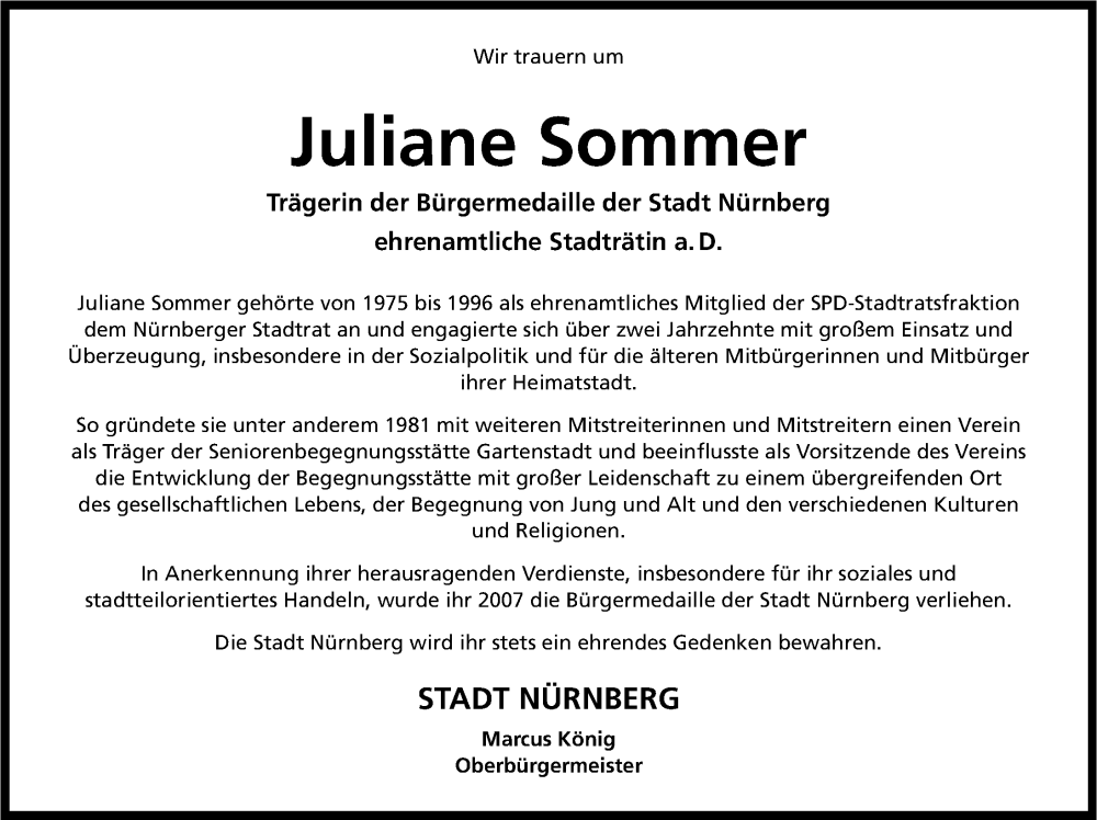  Traueranzeige für Juliane Sommer vom 04.10.2025 aus Gesamtausgabe Nürnberger Nachrichten/ Nürnberger Ztg.