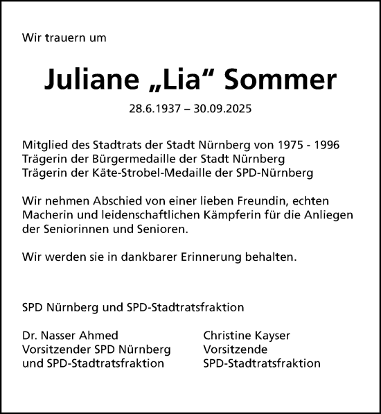 Traueranzeige von Juliane Sommer von Gesamtausgabe Nürnberger Nachrichten/ Nürnberger Ztg.