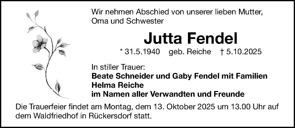  Traueranzeige für Jutta Fendel vom 11.10.2025 aus Gesamtausgabe Nürnberger Nachrichten/ Nürnberger Ztg.