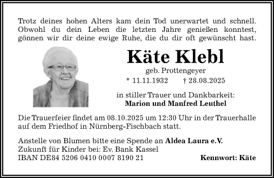 Traueranzeige von Käte Klebl von Gesamtausgabe Nürnberger Nachrichten/ Nürnberger Ztg.