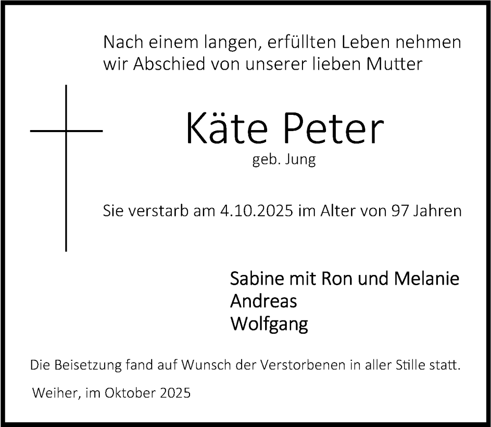  Traueranzeige für Käte Peter vom 11.10.2025 aus Erlanger Nachrichten Lokal