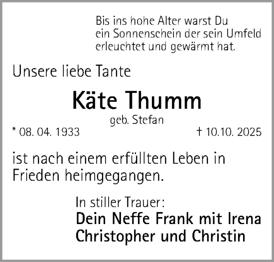 Traueranzeige von Käte Thumm von Fürther Nachrichten Lokal