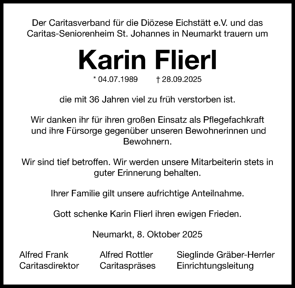  Traueranzeige für Karin Flierl vom 08.10.2025 aus Neumarkter Nachrichten Lokal