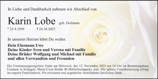 Traueranzeige von Karin Lobe von Nordbayerische Nachrichten Forchheim Lokal