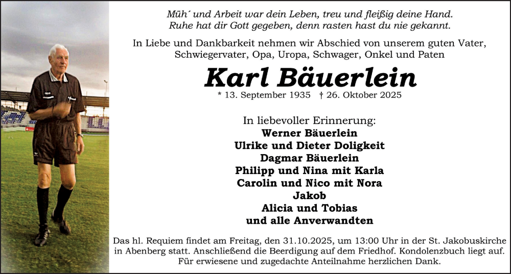  Traueranzeige für Karl Bäuerlein vom 29.10.2025 aus HST,HRHV