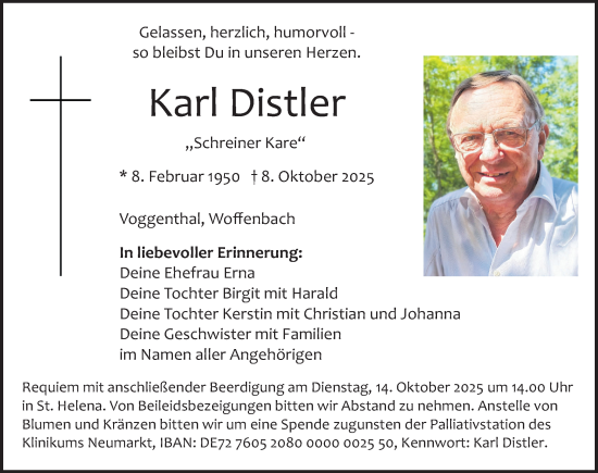 Traueranzeige von Karl Distler von Neumarkter Nachrichten Lokal
