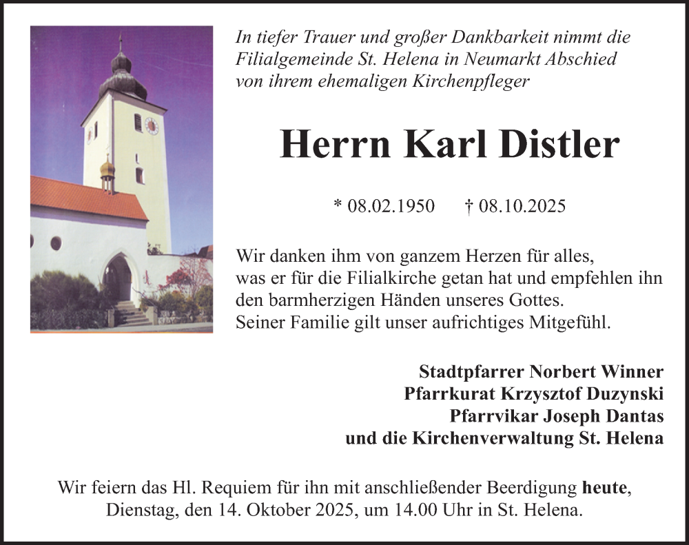  Traueranzeige für Karl Distler vom 14.10.2025 aus Neumarkter Nachrichten Lokal