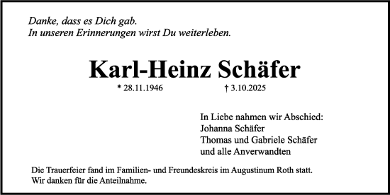 Traueranzeige von Karl-Heinz Schäfer von Gesamtausgabe Nürnberger Nachrichten/ Nürnberger Ztg.