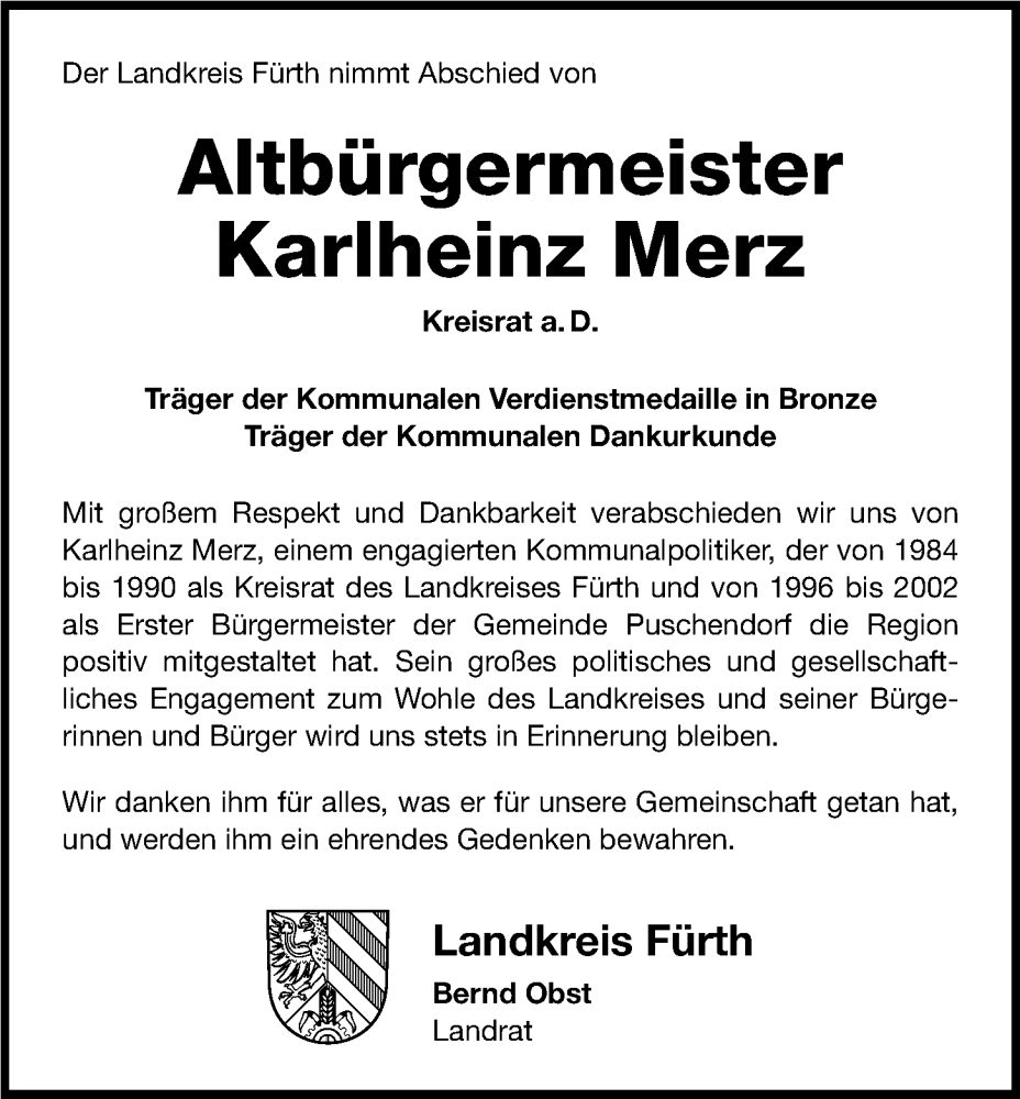  Traueranzeige für Karlheinz Merz vom 11.10.2025 aus Fürther Nachrichten Lokal