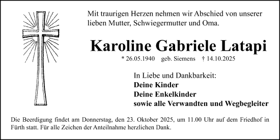 Traueranzeige von Karoline Gabriele Latapi von Fürther Nachrichten Lokal
