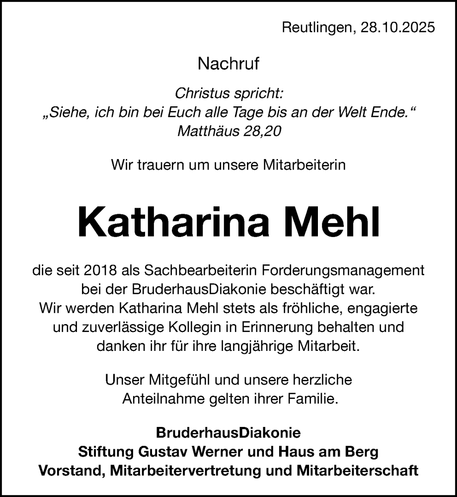  Traueranzeige für Katharina Mehl vom 30.10.2025 aus Erlanger Nachrichten Lokal