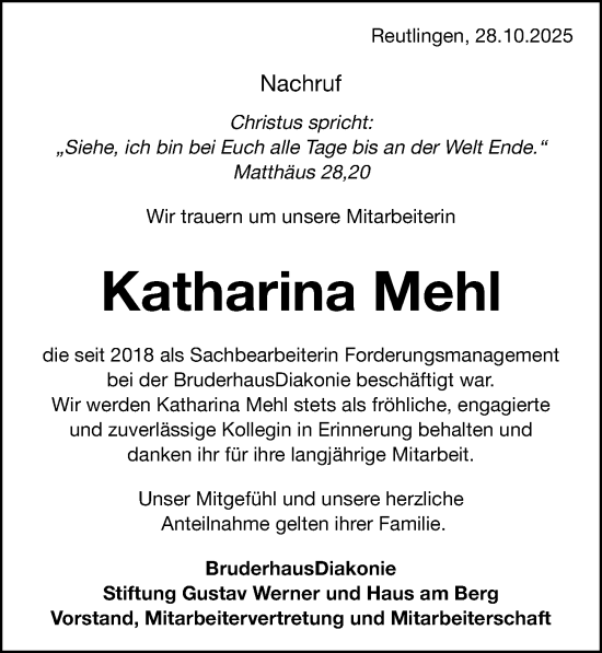 Traueranzeige von Katharina Mehl von Erlanger Nachrichten Lokal