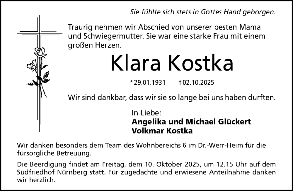  Traueranzeige für Klara Kostka vom 08.10.2025 aus Gesamtausgabe Nürnberger Nachrichten/ Nürnberger Ztg.