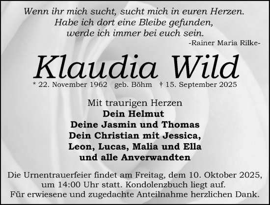 Traueranzeige von Klaudia Wild von Roth-Hilpoltsteiner Volkszeitung Lokal