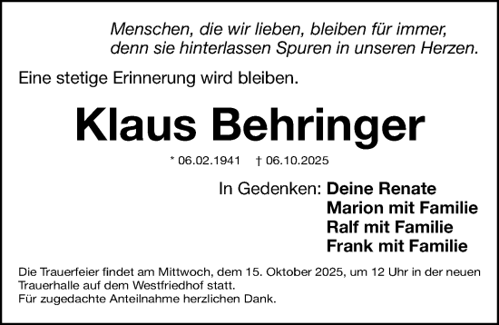 Traueranzeige von Klaus Behringer von Gesamtausgabe Nürnberger Nachrichten/ Nürnberger Ztg.