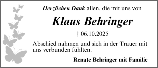 Traueranzeige von Klaus Behringer von Gesamtausgabe Nürnberger Nachrichten/ Nürnberger Ztg.
