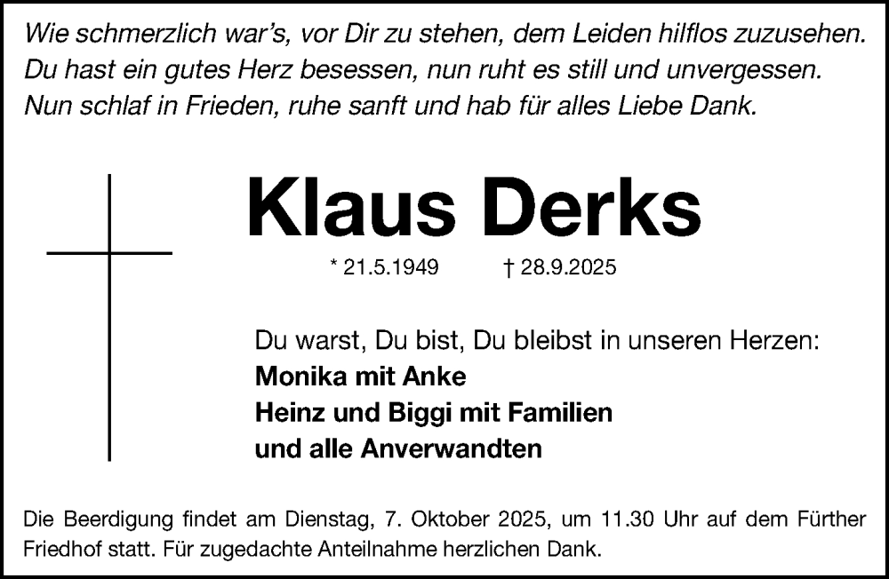  Traueranzeige für Klaus Derks vom 04.10.2025 aus Gesamtausgabe Nürnberger Nachrichten/ Nürnberger Ztg.