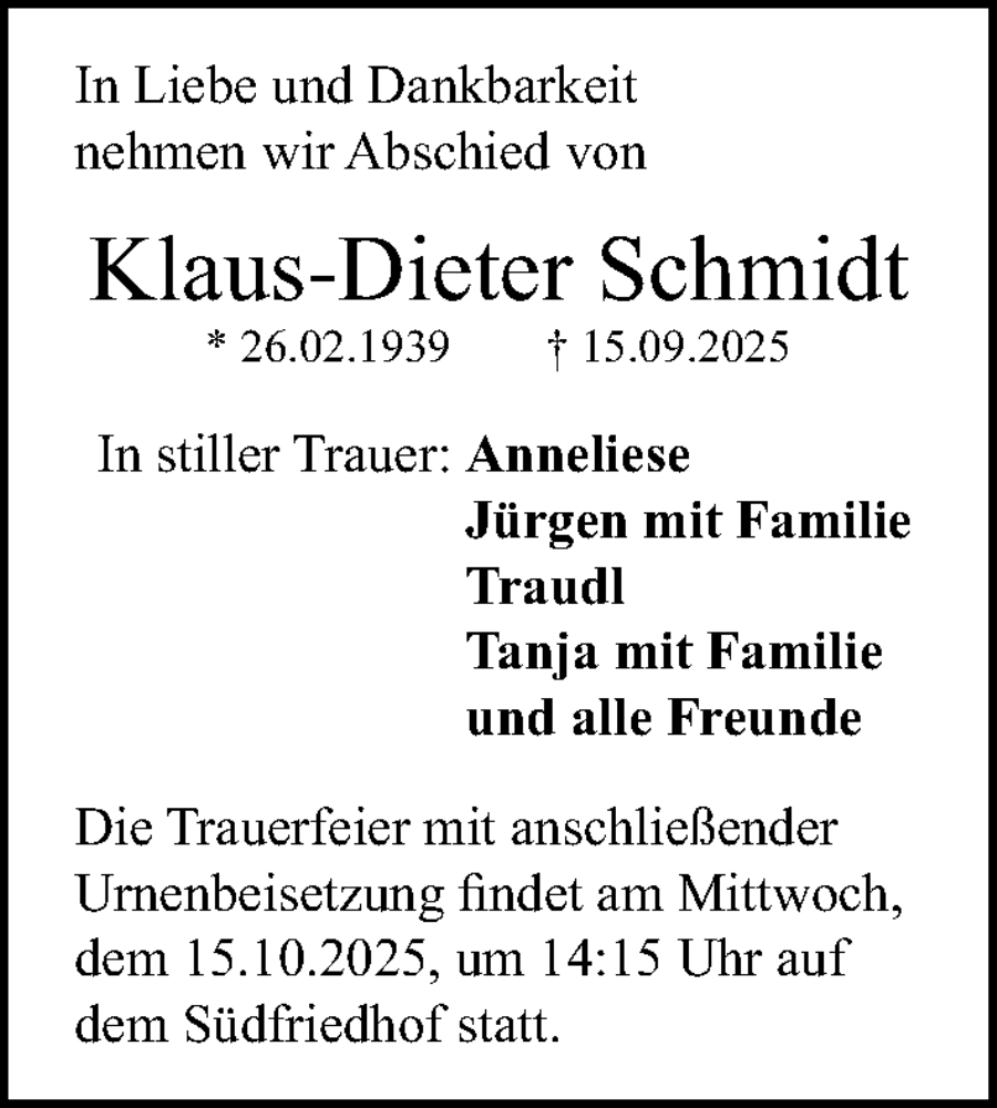  Traueranzeige für Klaus-Dieter Schmidt vom 11.10.2025 aus Gesamtausgabe Nürnberger Nachrichten/ Nürnberger Ztg.