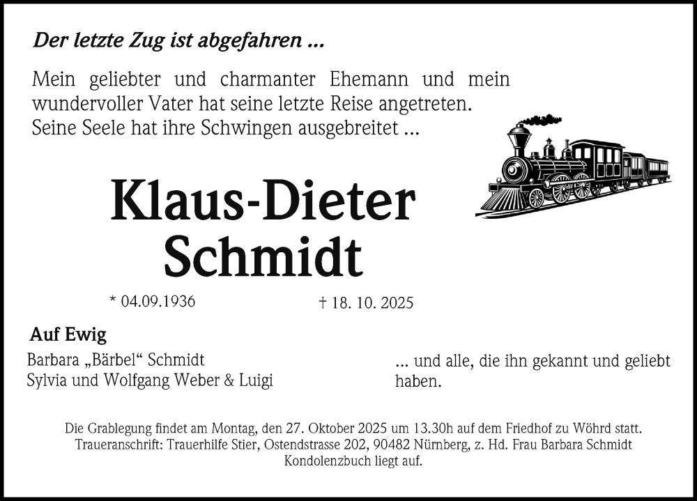  Traueranzeige für Klaus-Dieter Schmidt vom 25.10.2025 aus Gesamtausgabe Nürnberger Nachrichten/ Nürnberger Ztg.