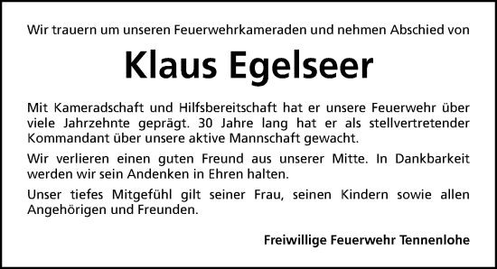 Traueranzeige von Klaus Egelseer von Erlanger Nachrichten Lokal