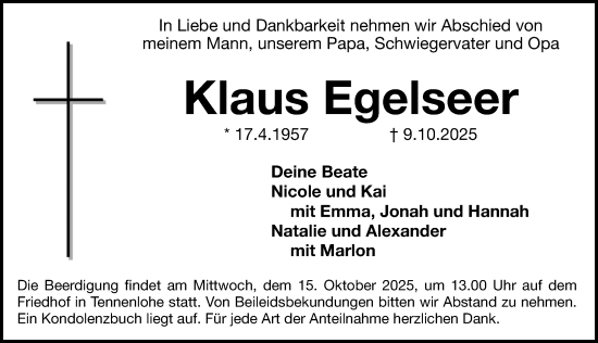 Traueranzeige von Klaus Egelseer von Erlanger Nachrichten Lokal