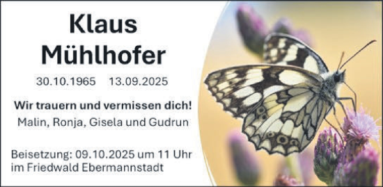 Traueranzeige von Klaus Mühlhofer von Gesamtausgabe Nürnberger Nachrichten/ Nürnberger Ztg.