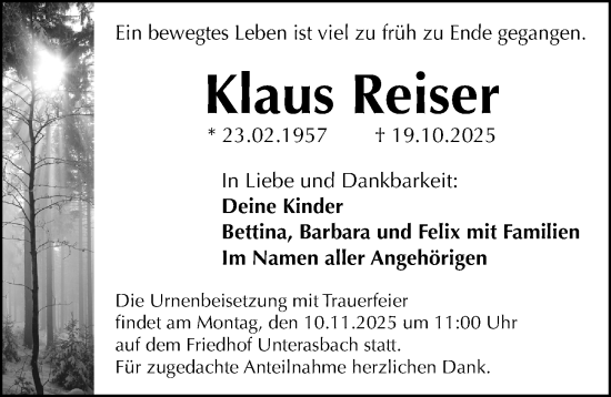 Traueranzeige von Klaus Reiser von Gesamtausgabe Nürnberger Nachrichten/ Nürnberger Ztg.