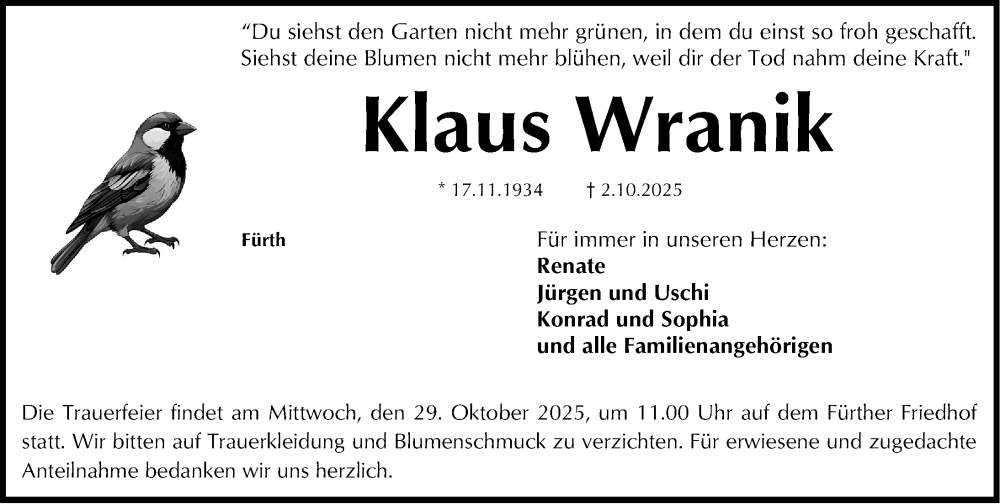  Traueranzeige für Klaus Wranik vom 25.10.2025 aus Fürther Nachrichten Lokal