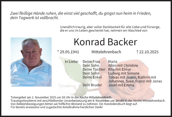 Traueranzeige von Konrad Backer von Nordbayerische Nachrichten Forchheim Lokal