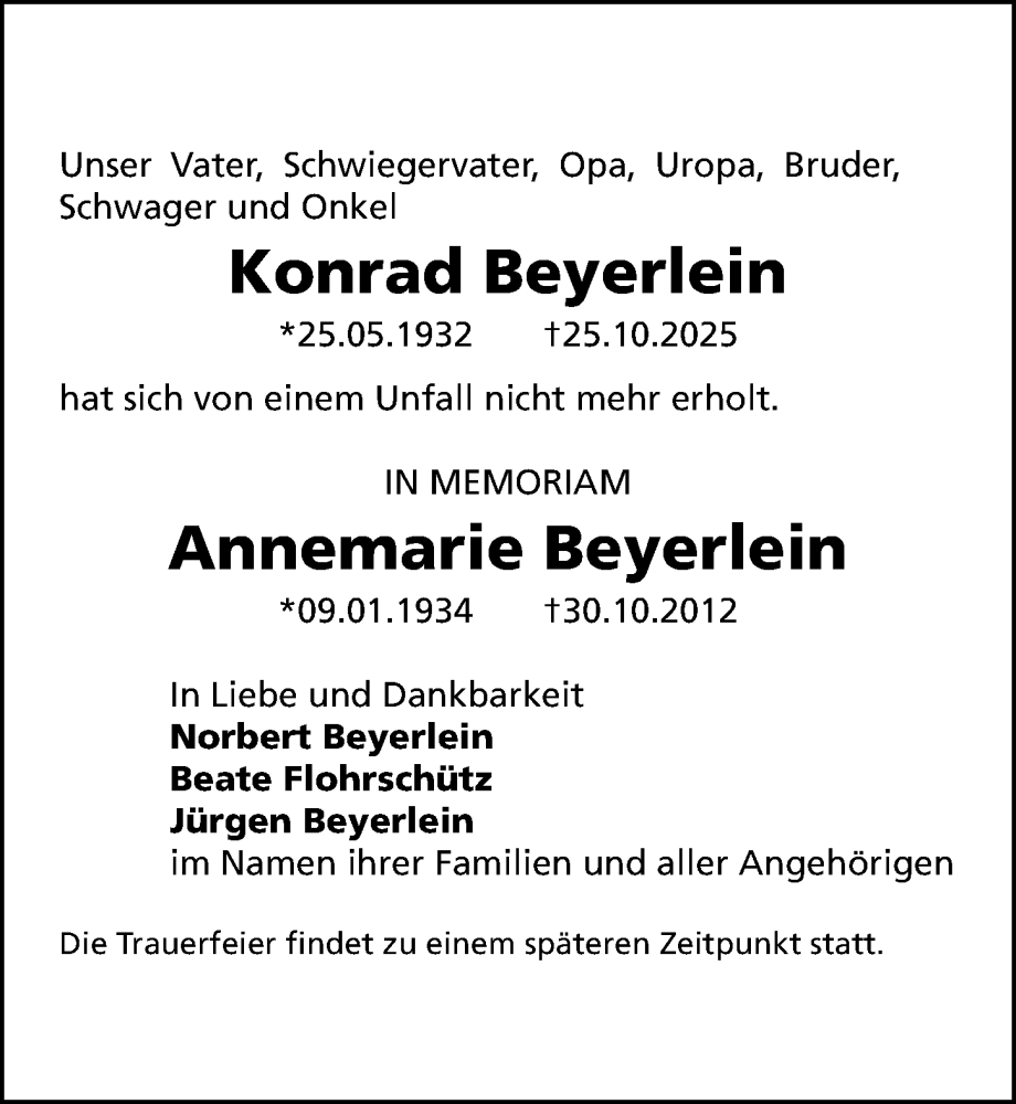  Traueranzeige für Konrad Beyerlein vom 29.10.2025 aus Gesamtausgabe Nürnberger Nachrichten/ Nürnberger Ztg.