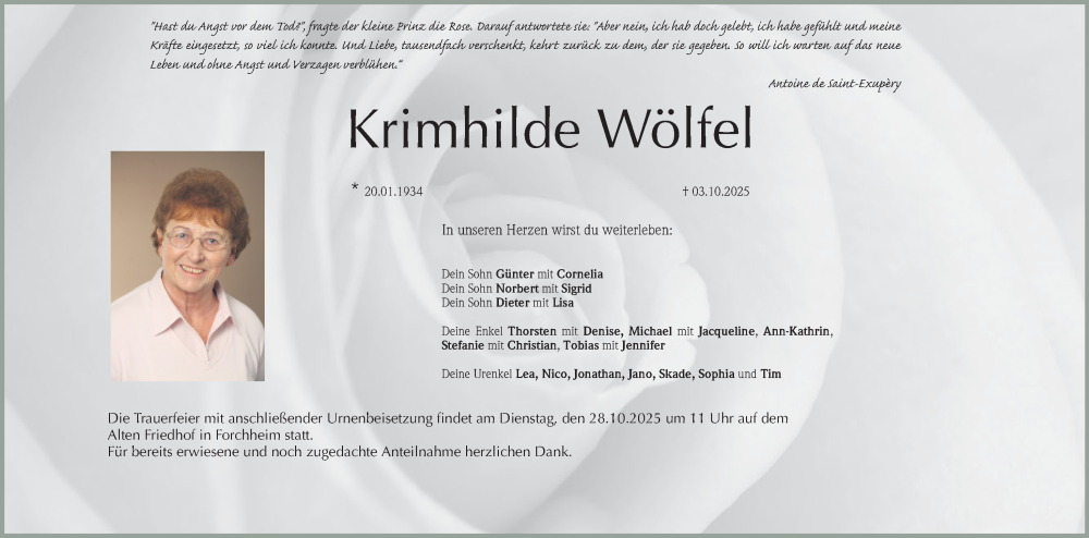  Traueranzeige für Krimhilde Wölfel vom 25.10.2025 aus Nordbayerische Nachrichten Forchheim Lokal