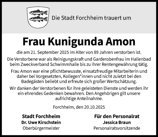 Traueranzeige von Kunigunda Amon von Nordbayerische Nachrichten Forchheim Lokal