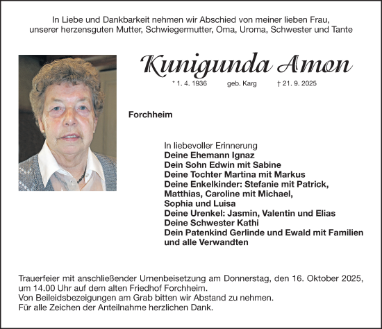 Traueranzeige von Kunigunda Amon von Nordbayerische Nachrichten Forchheim Lokal