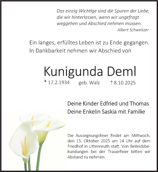 Traueranzeige von Kunigunda Dem von Erlanger Nachrichten/ Nordbayer. Nachrichten Forchheim