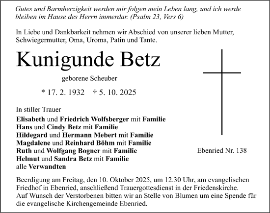 Traueranzeige von Kunigunde Betz von Roth-Hilpoltsteiner Volkszeitung Lokal