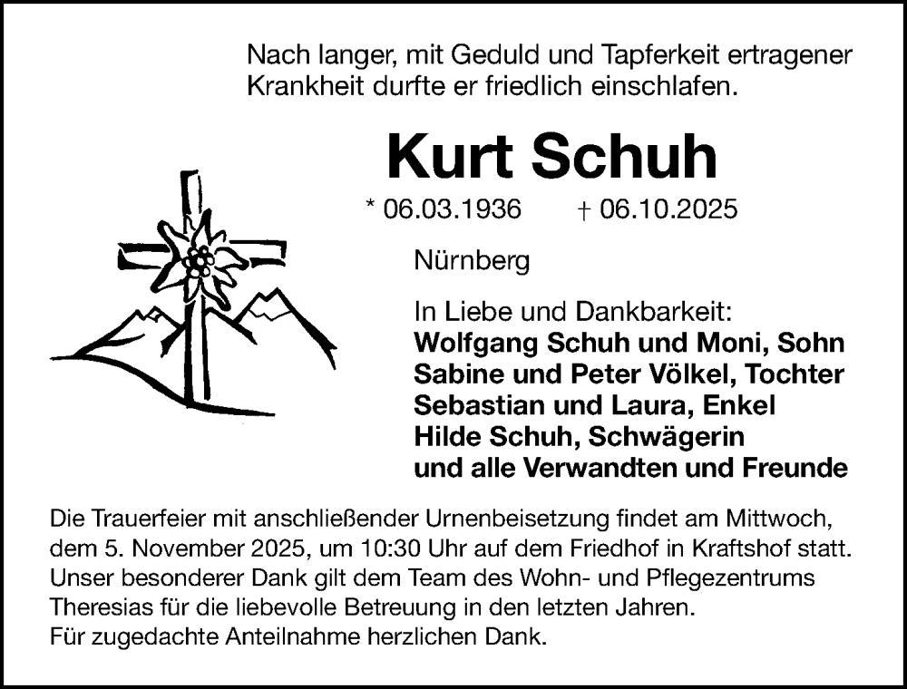  Traueranzeige für Kurt Schuh vom 25.10.2025 aus Gesamtausgabe Nürnberger Nachrichten/ Nürnberger Ztg.