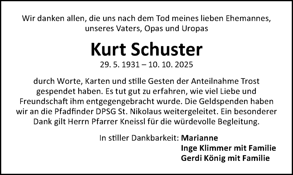  Traueranzeige für Kurt Schuster vom 31.10.2025 aus Schwabacher Tagblatt Lokal