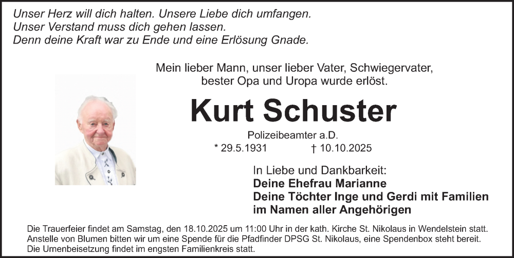  Traueranzeige für Kurt Schuster vom 15.10.2025 aus Schwabacher Tagblatt Lokal