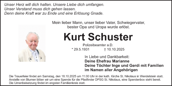 Traueranzeige von Kurt Schuster von Schwabacher Tagblatt Lokal