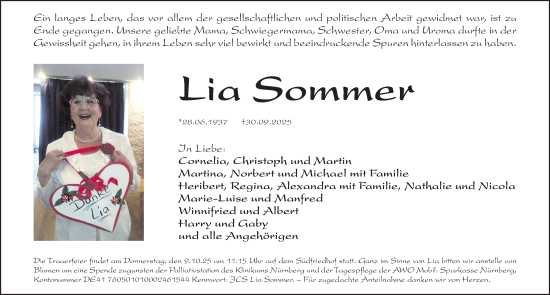 Traueranzeige von Lia Sommer von Gesamtausgabe Nürnberger Nachrichten/ Nürnberger Ztg.