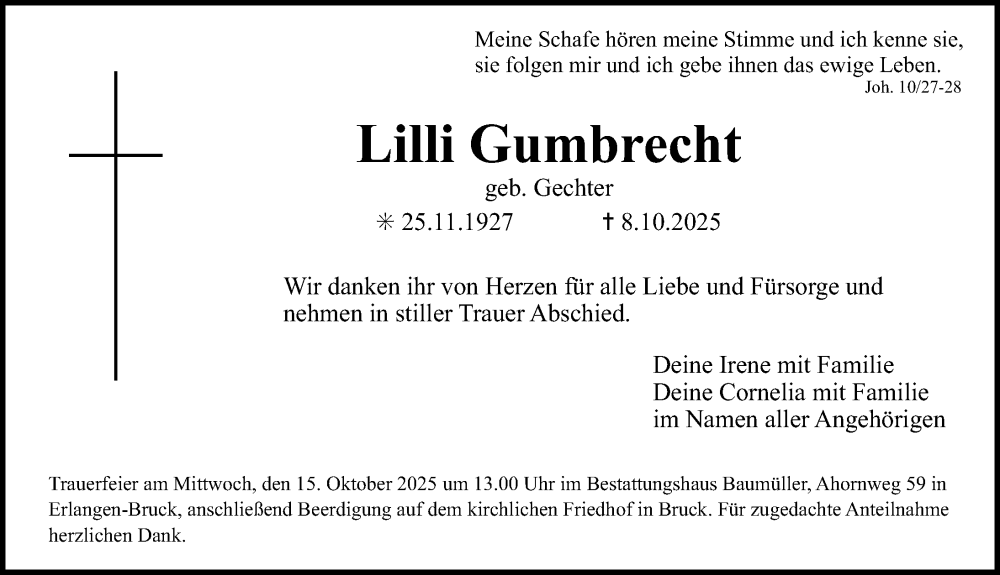  Traueranzeige für Lilli Gumbrecht vom 11.10.2025 aus Erlanger Nachrichten Lokal