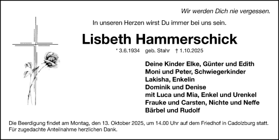 Traueranzeige von Lisbeth Hammerschick von Fürther Nachrichten Lokal